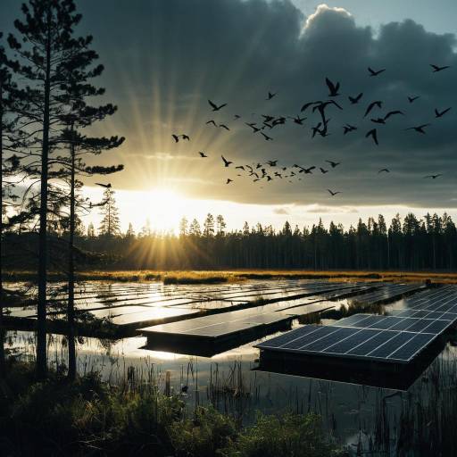 Solar Panels in Swampy Wetland at Sunrise