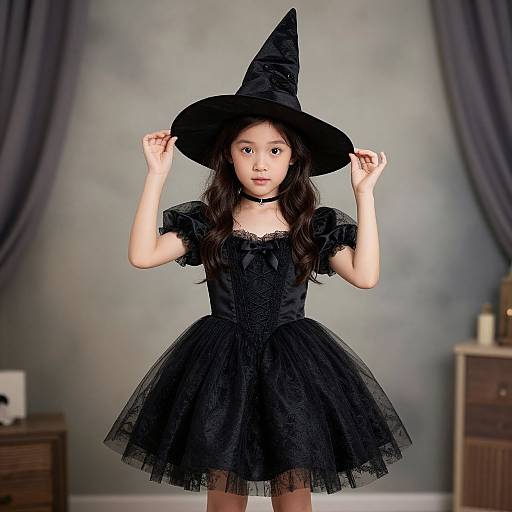 Photograph of an Asian girl in a black lace witch costume with a pointed hat, standing in a softly lit room.