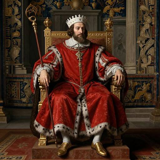 Photorealistic digital image of a bearded king in a red velvet robe with white fur trim, gold crown, and scepter, seated on an