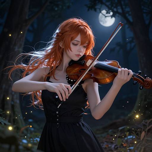 Digital artwork of a red-haired woman playing violin under a full moon in a dark, enchanted forest with glowing fireflies.