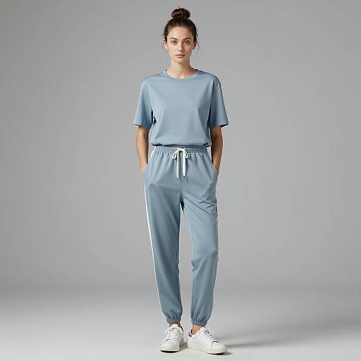 Young Woman in Light Blue Athleisure Outfit