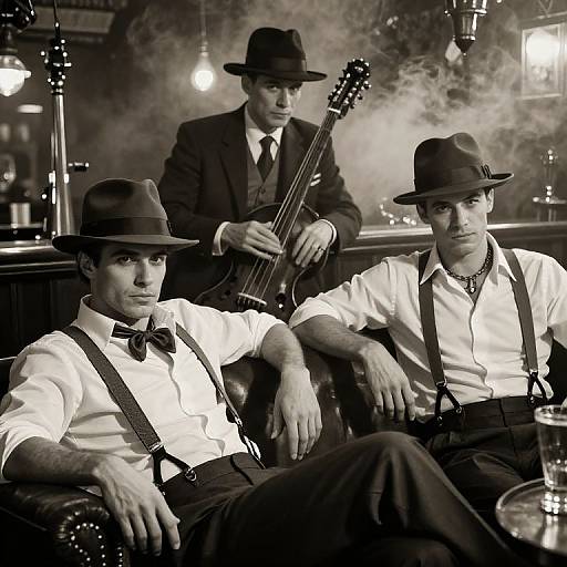 Black-and-white photograph of three men in vintage suits and fedoras, one playing guitar, two seated with suspenders, in a smoky bar.
