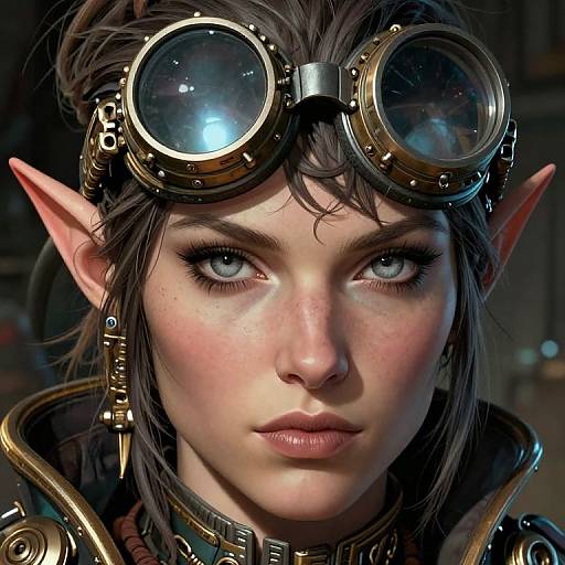 Digital artwork of a fierce, elf-like woman with blue eyes, brown hair, and pointed ears. Wearing steampunk goggles and metallic gear,