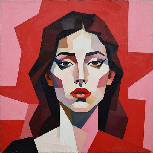 Geometric, digital portrait of a serious woman with red lips, black hair, and white face, set against a bold red background.
