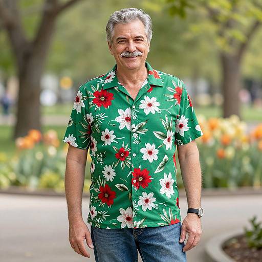 Photograph of a middle-aged man with gray hair and mustache, wearing a green floral shirt and blue jeans, smiling in a park with blurred orange