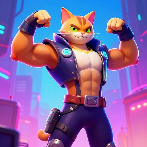 Digital illustration of a muscular, orange tabby cat with green eyes, flexing in a futuristic cityscape. Wearing a blue jacket, black finger