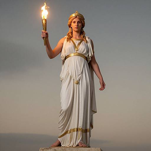 Photograph of a blonde woman in a white Greek-style dress with gold trim, holding a flaming torch, standing barefoot against a twilight sky.