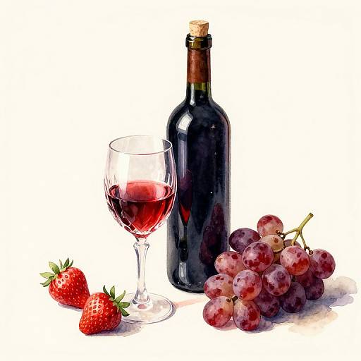 Photorealistic digital image of a red wine bottle, half-full glass of red wine, cluster of grapes, and two strawberries on white background.