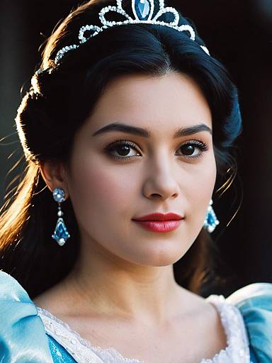 Photograph of a young woman with fair skin, dark hair, and red lipstick, wearing a silver tiara, blue earrings, and a blue dress