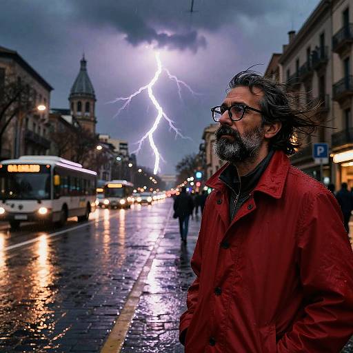 Photograph of a bearded man in a red raincoat with glasses, standing on a wet, cobblestone street during a lightning storm, with
