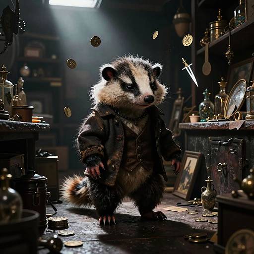 CGI image of a cute, anthropomorphic badger in a dark leather jacket, standing in a dimly lit, cluttered workshop with coins floating