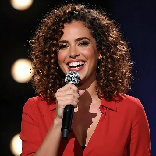 Smiling Woman with Curly Hair Holding Microphone