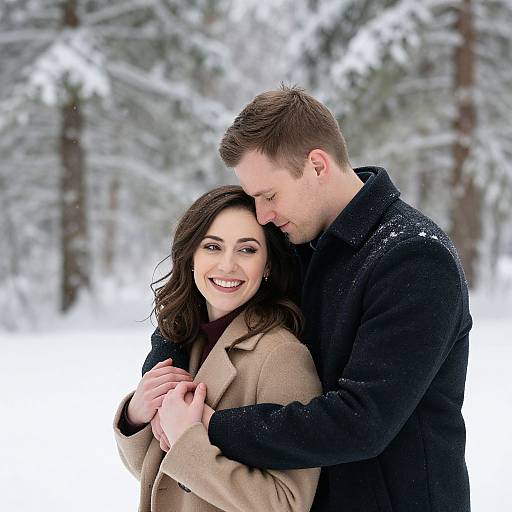 Photograph of a smiling couple embracing in a snowy forest; man in black coat, woman in beige coat, snowflakes on their clothes.