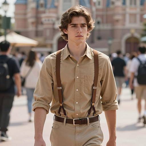 Young Man in Tan Shirt and Brown Suspenders Outdoors