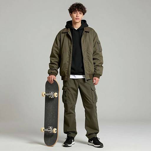 Photograph of a young man with curly brown hair, wearing a green jacket, black hoodie, olive cargo pants, and black sneakers, holding a black