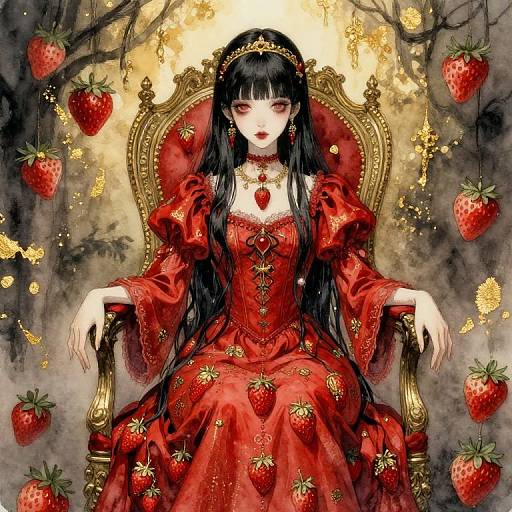 Digital gothic artwork of a pale woman with black hair and red dress, adorned with strawberries, sitting on an ornate throne.