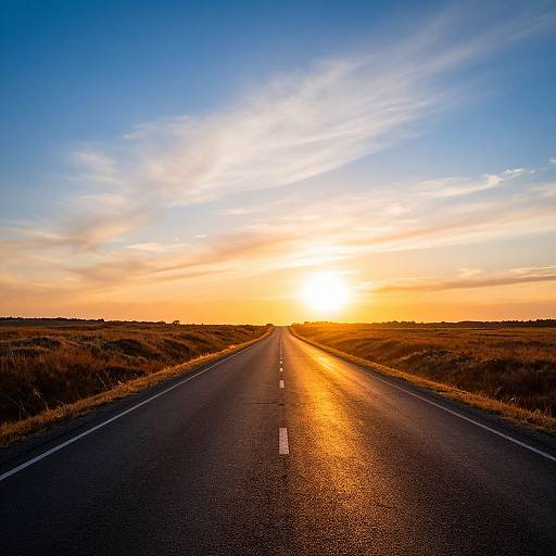 Photograph of a straight, empty road at sunset, with a vivid orange and blue sky, golden sunlight reflecting on the asphalt.