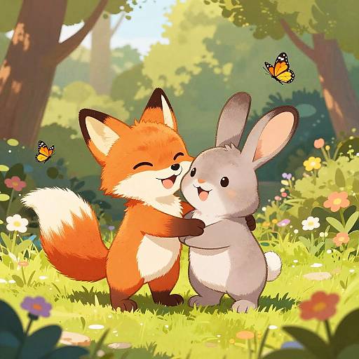 Whimsical digital drawing of a smiling orange fox and gray rabbit hugging in a sunlit forest, surrounded by colorful flowers and fluttering butterflies.