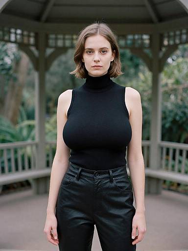 Photograph of a serious woman with shoulder-length brown hair, wearing a black sleeveless turtleneck and black pants, standing in a gazebo with