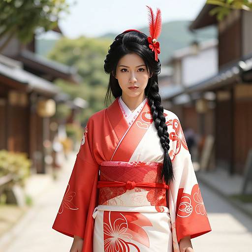 Photograph of an Asian woman in a red and white floral kimono with a black braid and red feather hairpiece, standing in a sunlit