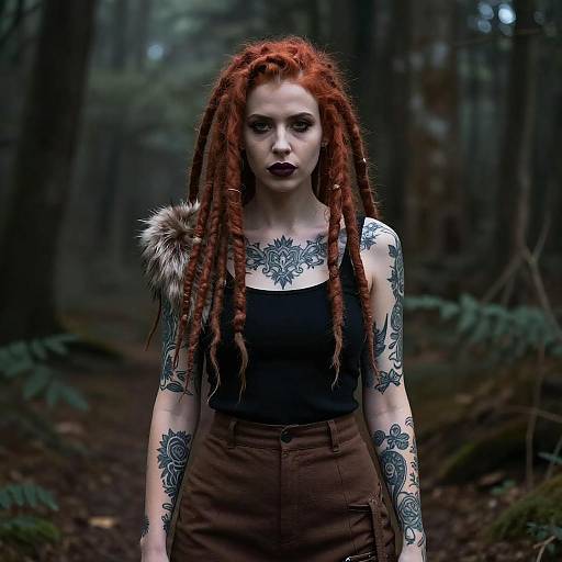 Woman with Red Dreadlocks and Tattoos in Forest