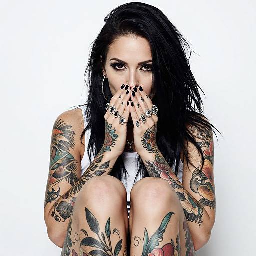 Tattooed woman with black hair, dark makeup, and black nails, covering her mouth with hands, showcasing intricate arm and leg tattoos, white