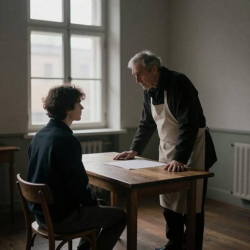 Elderly Man and Young Man in Dimly Lit Room