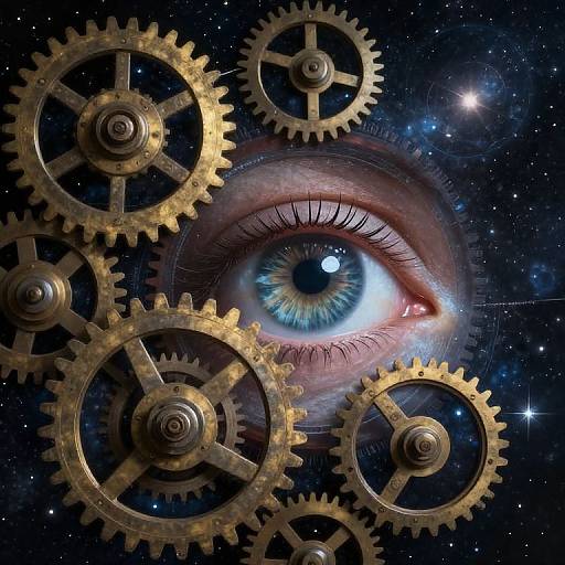 Digital artwork of a realistic blue-eyed human eye surrounded by intricate golden gears against a dark, starry space background.