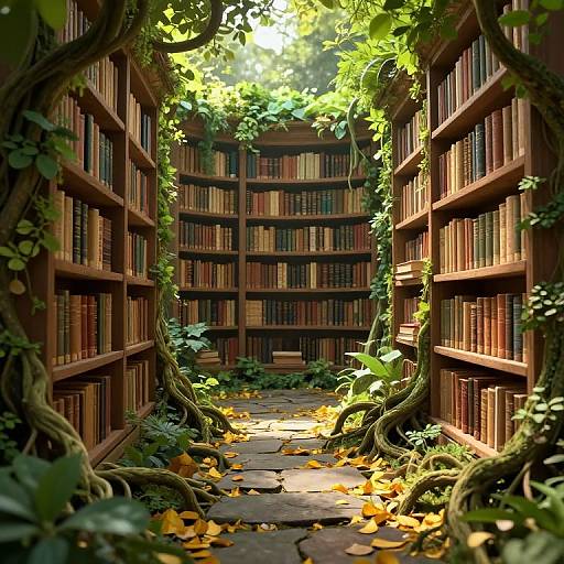 Photorealistic digital art: A sunlit, narrow aisle between wooden bookshelves, overgrown with vines and autumn leaves, leading to a distant