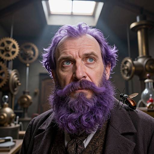 Photograph of a balding, middle-aged man with a vibrant purple beard and mustache, blue eyes, wearing a dark suit, in a ste
