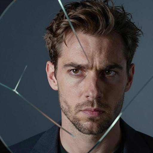 Serious Man Reflected in Broken Mirror