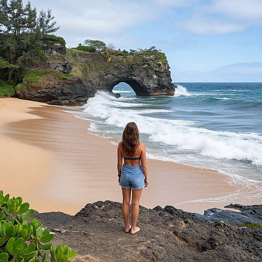 Photograph of a woman with long brown hair, wearing a black bikini top and denim shorts, standing on rocky shore, facing a sandy beach with ocean