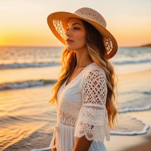 Woman in Lace Dress and Sun Hat at Beach Sunset