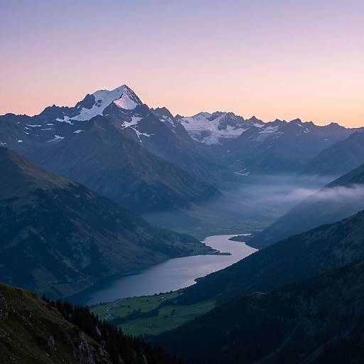Photograph of a serene mountain landscape at dawn, featuring a winding river nestled between dark, forested valleys, with snow-capped peaks under a gradient