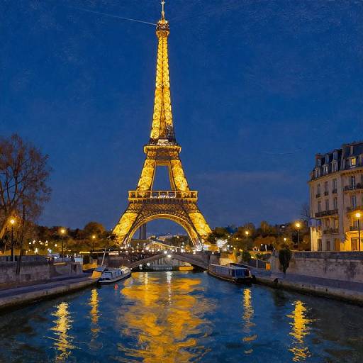 Photograph of illuminated Eiffel Tower at night, reflecting on the Seine River, with a deep blue sky and surrounding city lights.