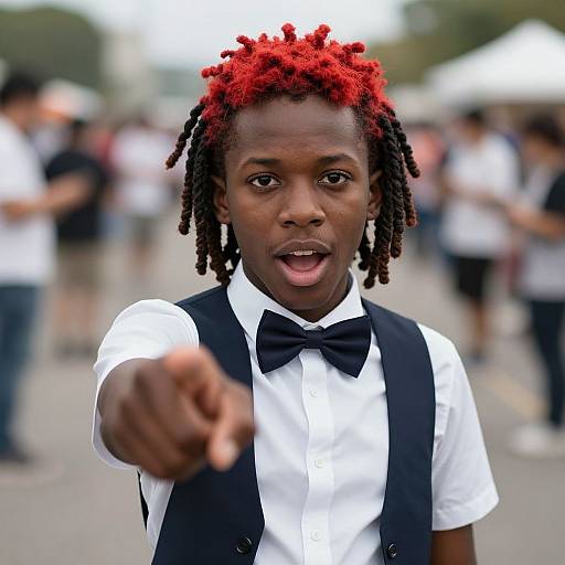 Photograph of a young Black man with red dreadlocks, white shirt, black bowtie, and suspenders, pointing forward at a blurred outdoor event