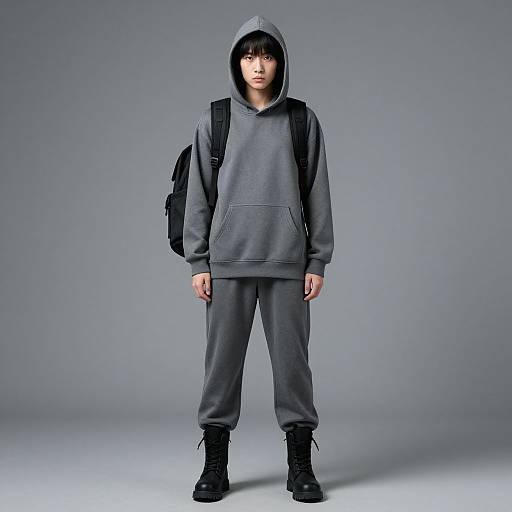 Photograph of a young Asian man with straight black hair, wearing a gray hoodie, matching sweatpants, black boots, and a black backpack, standing