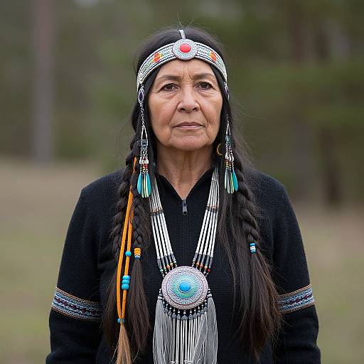 Photograph of an elderly Native American woman with long braided black hair, wearing traditional black attire, beaded headband, and necklace, standing outdoors