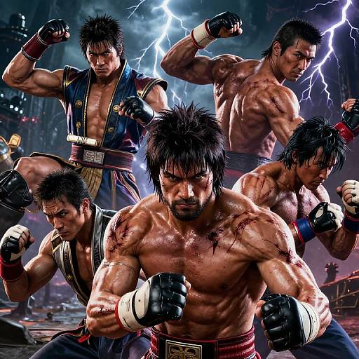 Photorealistic digital artwork of five muscular, black-haired, shirtless male fighters with lightning background, wearing gloves and belts, in dynamic fighting stances