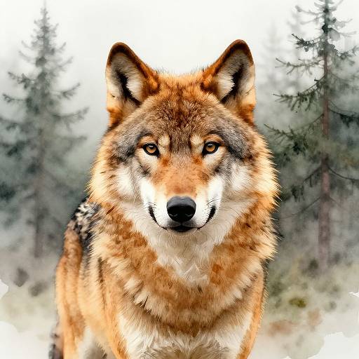 Photorealistic digital illustration of a focused, amber-eyed coyote with orange and brown fur, standing in a misty forest background with blurred pine trees