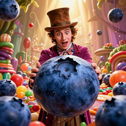 Whimsical photograph of a wide-eyed, curly-haired clown in a brown top hat, holding a cracked, blueberry-sized ball, surrounded by colorful