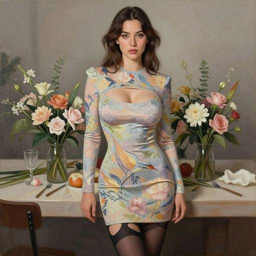 Photograph of a curvy woman with long brown hair, wearing a colorful floral dress with cleavage cutout, black stockings, standing in front of