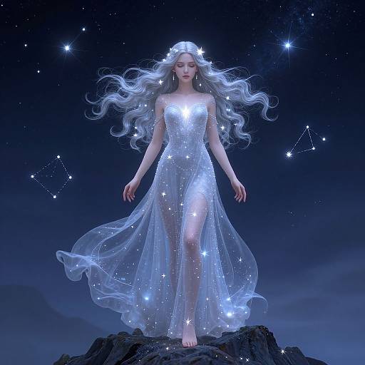 Digital artwork of a ethereal, fair-skinned woman with long, flowing silver hair, wearing a glowing, star-embellished, translucent dress