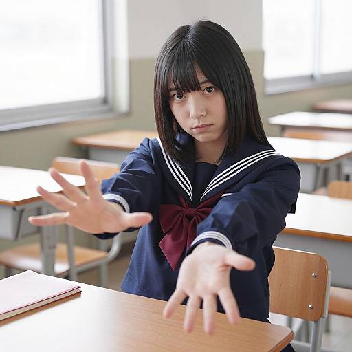 Japanese Schoolgirl Reaching Out in Classroom