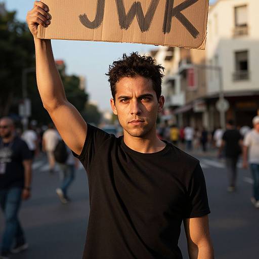 Photograph of a determined young man with short, dark hair, wearing a black shirt, holding a cardboard sign with 