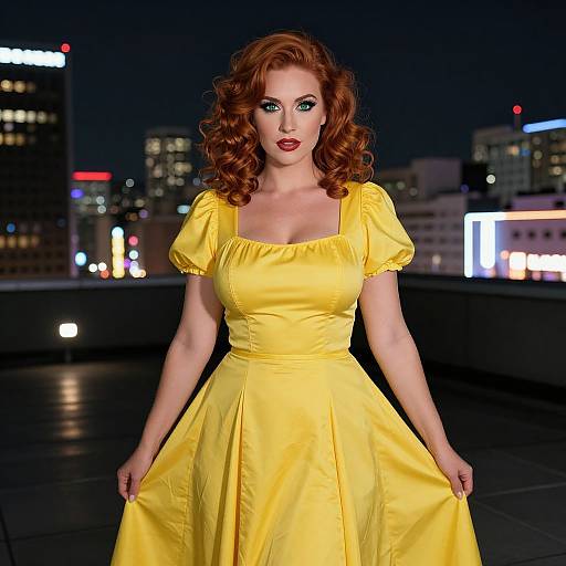 Photograph of a red-haired woman with curly hair, wearing a bright yellow, short-sleeved, square-neck dress, standing on a rooftop at