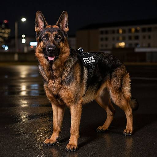 Photograph of a German Shepherd police dog standing on a wet, reflective street at night, wearing a black harness with 