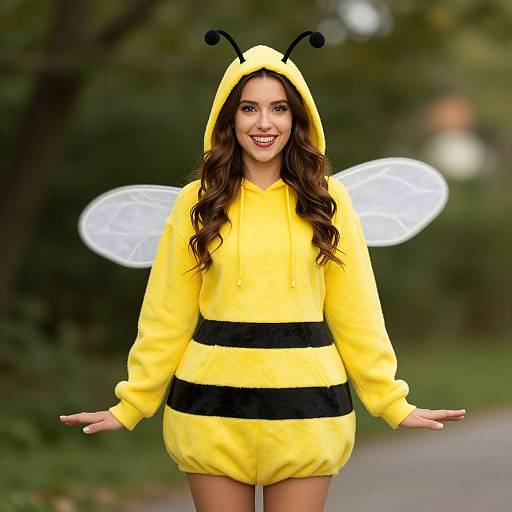 Photograph of a smiling woman in a yellow bee costume with black stripes, antennae, and translucent wings, standing outdoors.