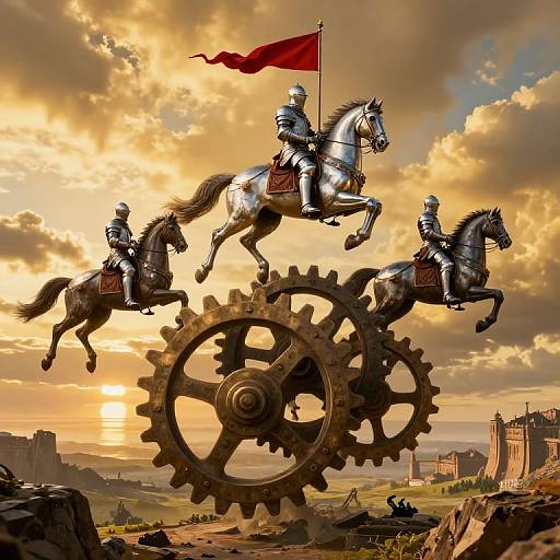 Photograph-style digital artwork: Knights in silver armor ride galloping horses over massive gears, a red flag waving, against a golden sunset with medieval