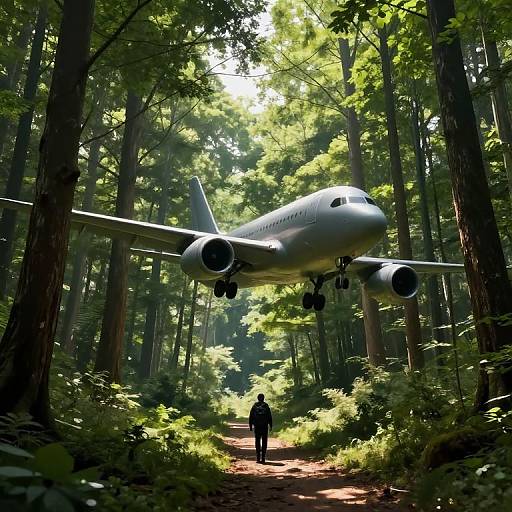 Photograph of a large airplane flying low over a sunlit, dense forest path, with a lone figure walking in the foreground.